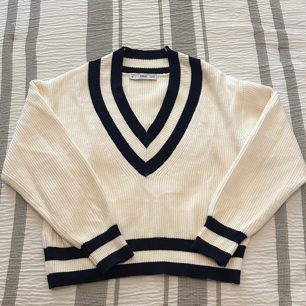 Mango V-Neck Sweater - Cream and Black